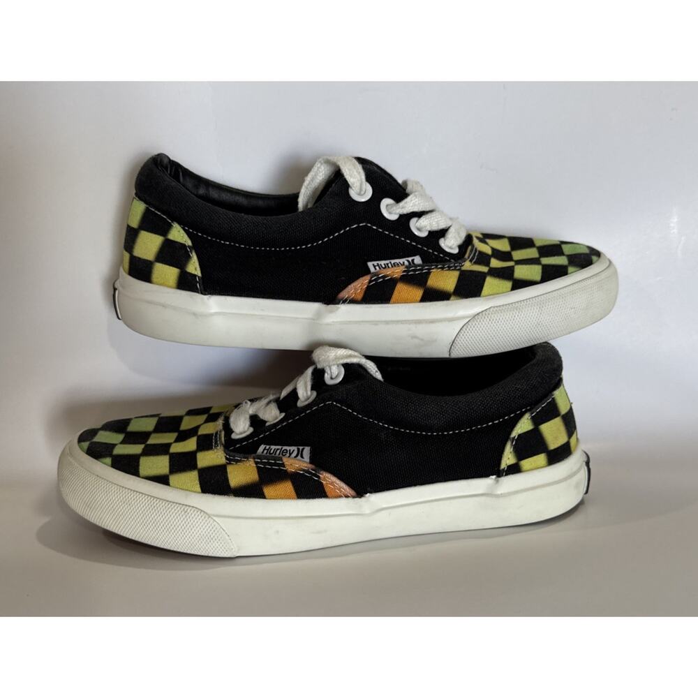 Hurley Shaka-T Checkered Sneakers Big Kid Boy 2 Black Green Lace Up Canvas Shoes - Picture 4 of 9
